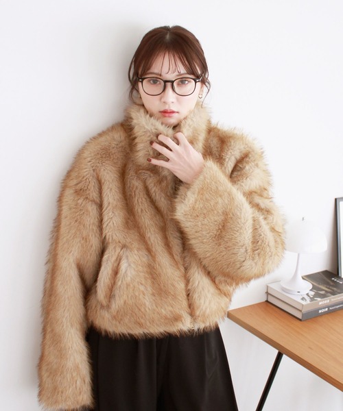 セール】ミックスファーショートコート / ダブルジップ スタンドカラー