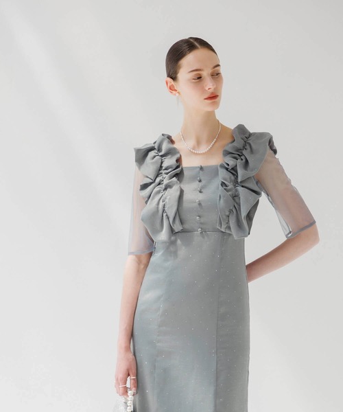 セール】【LEJA】フリルショルダーストーンIラインドレスワンピース