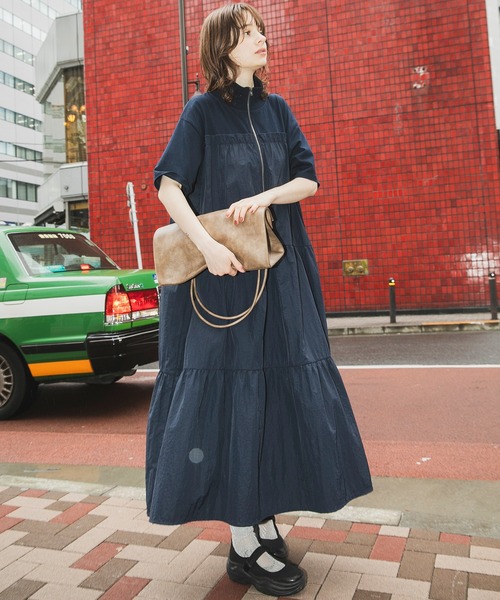 forksy.】ハーフジップドッキングティアード半袖ワンピース forksy