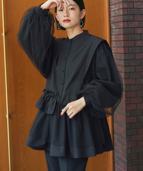 洗える ｜ チュールMIX ペプラム デザイン シャツ ブラウス