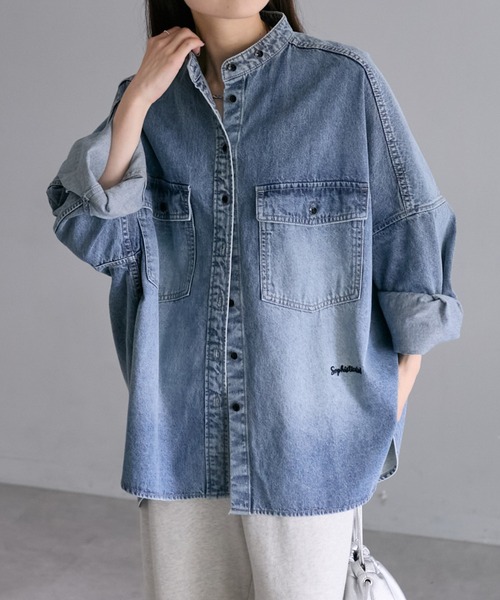 ヴィンテージライクデニムバンドカラーシャツ（シャツ/ブラウス