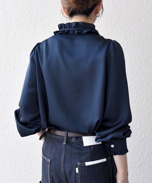 SHIPS any:〈洗濯機可能〉サテン フリル カラー リボン シャツ