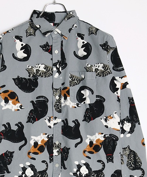 セール】日本製 ネコ柄 長袖レギュラーシャツ／猫柄（シャツ/ブラウス
