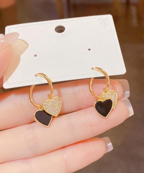 セール】blackdia ocean ダブルハート パヴェ ピアス 金属アレルギー