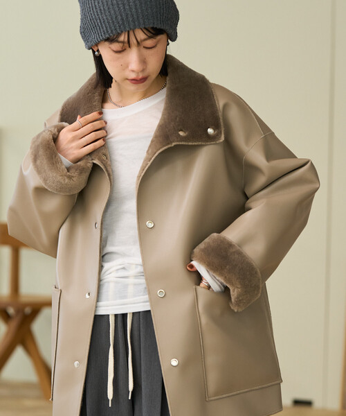 セール】ファーボア スタンドコート/レザレット 裏ボア 配色 コート