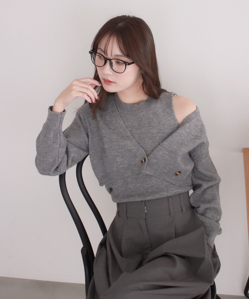 セール】【2点セット】ノースリーブニット＆カーディガンセット 肌見せ