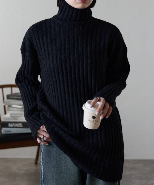 セール】チュニック丈ワイドリブハイネックニット / ニットプル