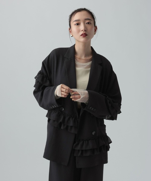リネンライクドライシリーズ》フリルW長袖ジャケット 639012