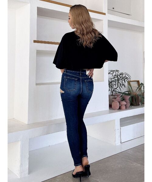 ミドルウエストサイドリップドスキニーデニムパンツ（デニムパンツ