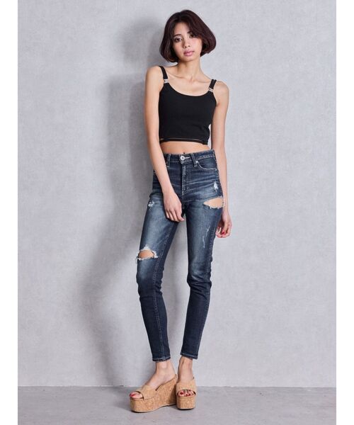 ミドルウエストサイドリップドスキニーデニムパンツ（デニムパンツ