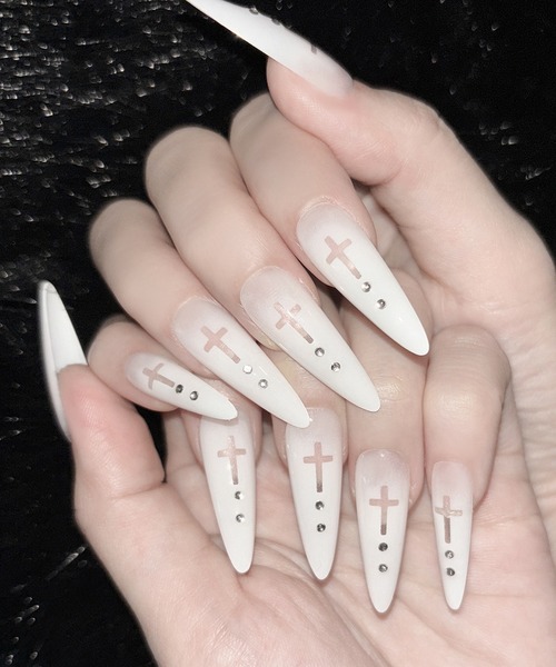 セール】グラデーションシアークロスポイントロングネイルチップ