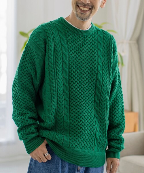 ぜ*ん様 NOAH ダークグリーン ケーブルニット セーター L コットン