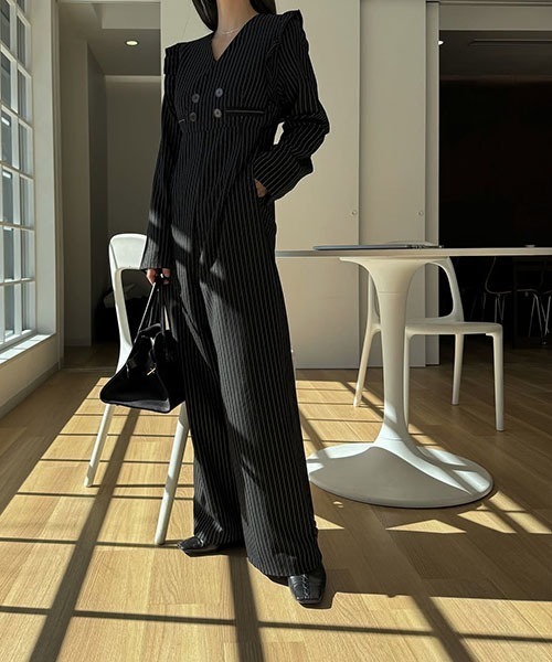 セール】frill shoulder stripe ribbon tie all-in-one（つなぎ