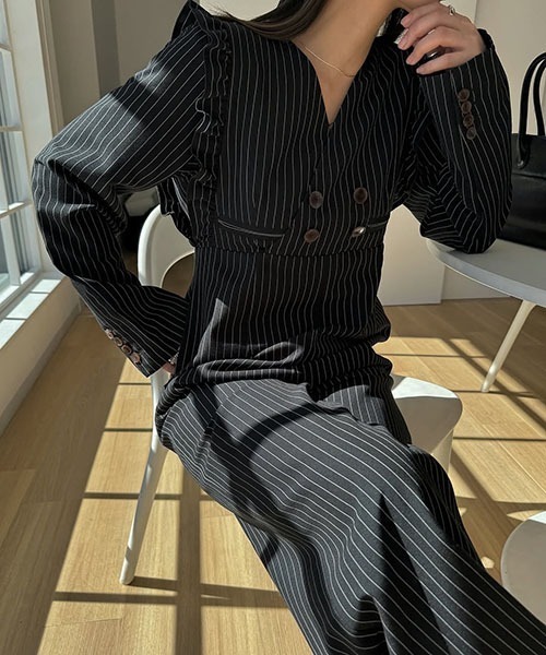 セール】frill shoulder stripe ribbon tie all-in-one（つなぎ