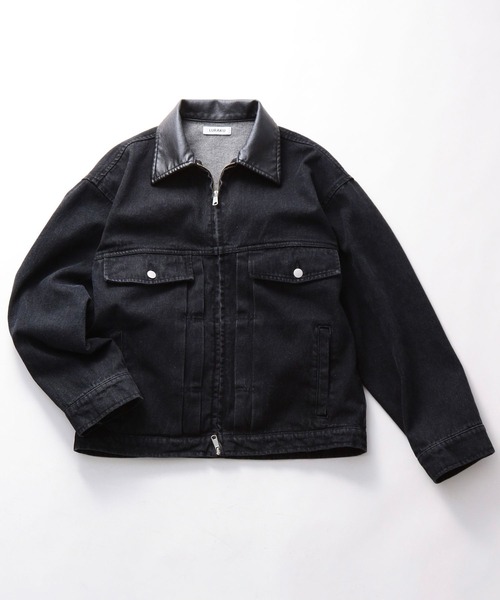 LURAKU】Leather Collar Zip-Up Denim Jacket / 襟レザージップアップ