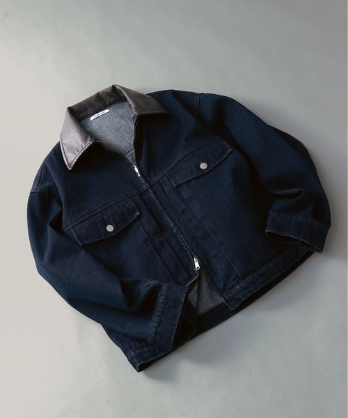 LURAKU】Leather Collar Zip-Up Denim Jacket / 襟レザージップアップ