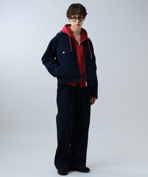 LURAKU】Leather Collar Zip-Up Denim Jacket / 襟レザージップアップ