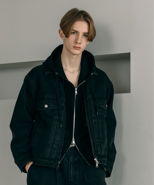 LURAKU】Leather Collar Zip-Up Denim Jacket / 襟レザージップアップ