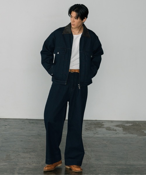 LURAKU】Leather Collar Zip-Up Denim Jacket / 襟レザージップアップ