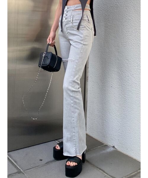 サイドオープンハイウエストフレアジーンズ（デニムパンツ）｜EMODA