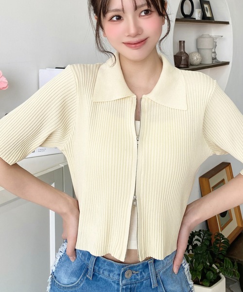 moment+（モーメントプラス）の「Wジップ衿付き半袖ニットカーディガン