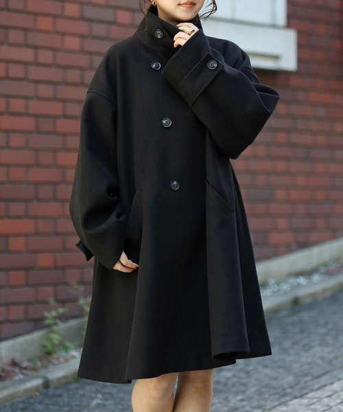 ミドル丈ダブルブレストスタンドカラーコート（ステンカラーコート