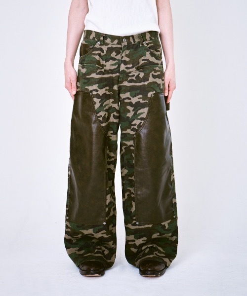 camo/leather docking double knee baggy trousers / カモレザー