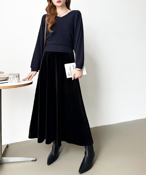 セール】大人上品な光沢を纏う ベロアスカート ロング フレアスカート