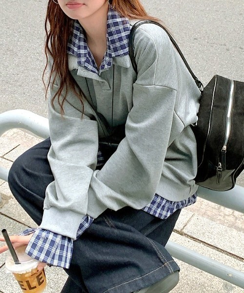 セール】チェックシャツレイヤード風ポロ衿プルオーバー（スウェット