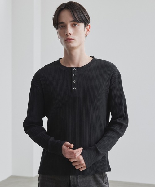 LUENNA】Panel Rib Henley Neck Long Sleeve T-Shirt / パネルリブ