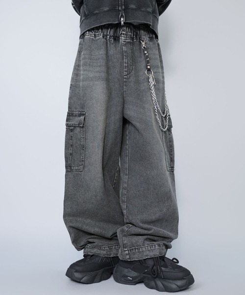 ヴィンテージ加工デニムカーゴワイドパンツ/ユニセックス（デニム
