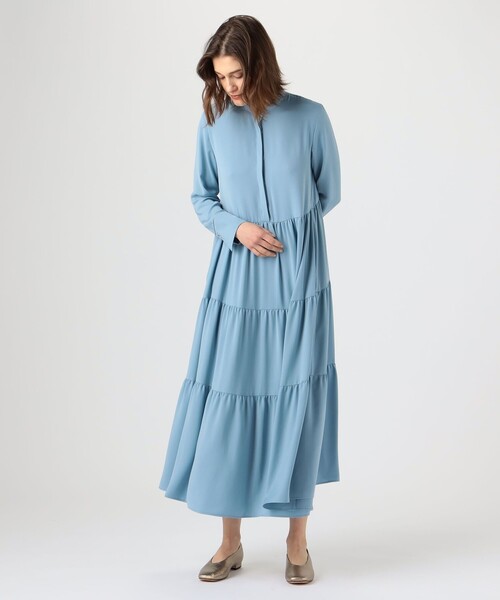 セール】パウダリーサテン ティアードロングワンピース（ワンピース