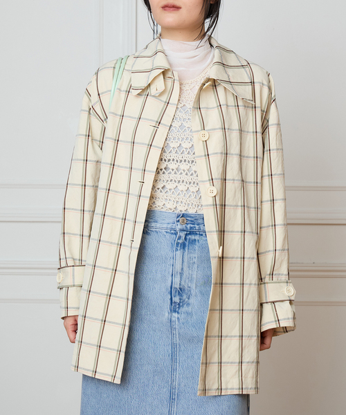 IENA LA BOUCLE P/Lチェックステンカラーハーフコート（ステンカラー