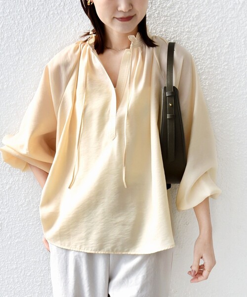 手洗い可能〉シアー タンブラー リボン デザイン 長袖 ブラウス