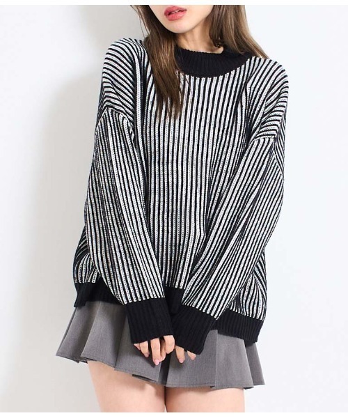 セール】モノトーンストライプニットトップス（ニット/セーター