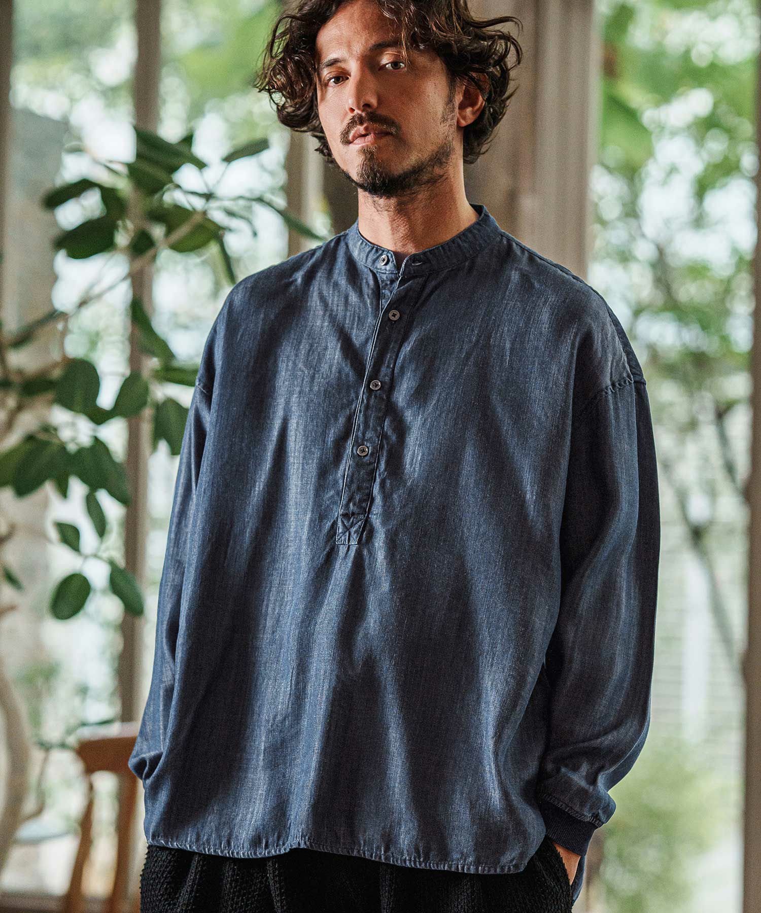 CAMBIO(カンビオ)】Silky Denim Cuffs Rib Skipper Pullover Shirts