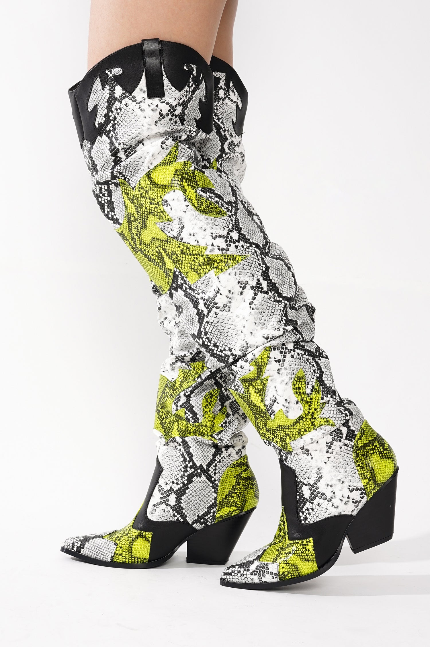 Hilda Faux Snakeskin Thigh High Cowboy Boots - Black – Cape Robbin