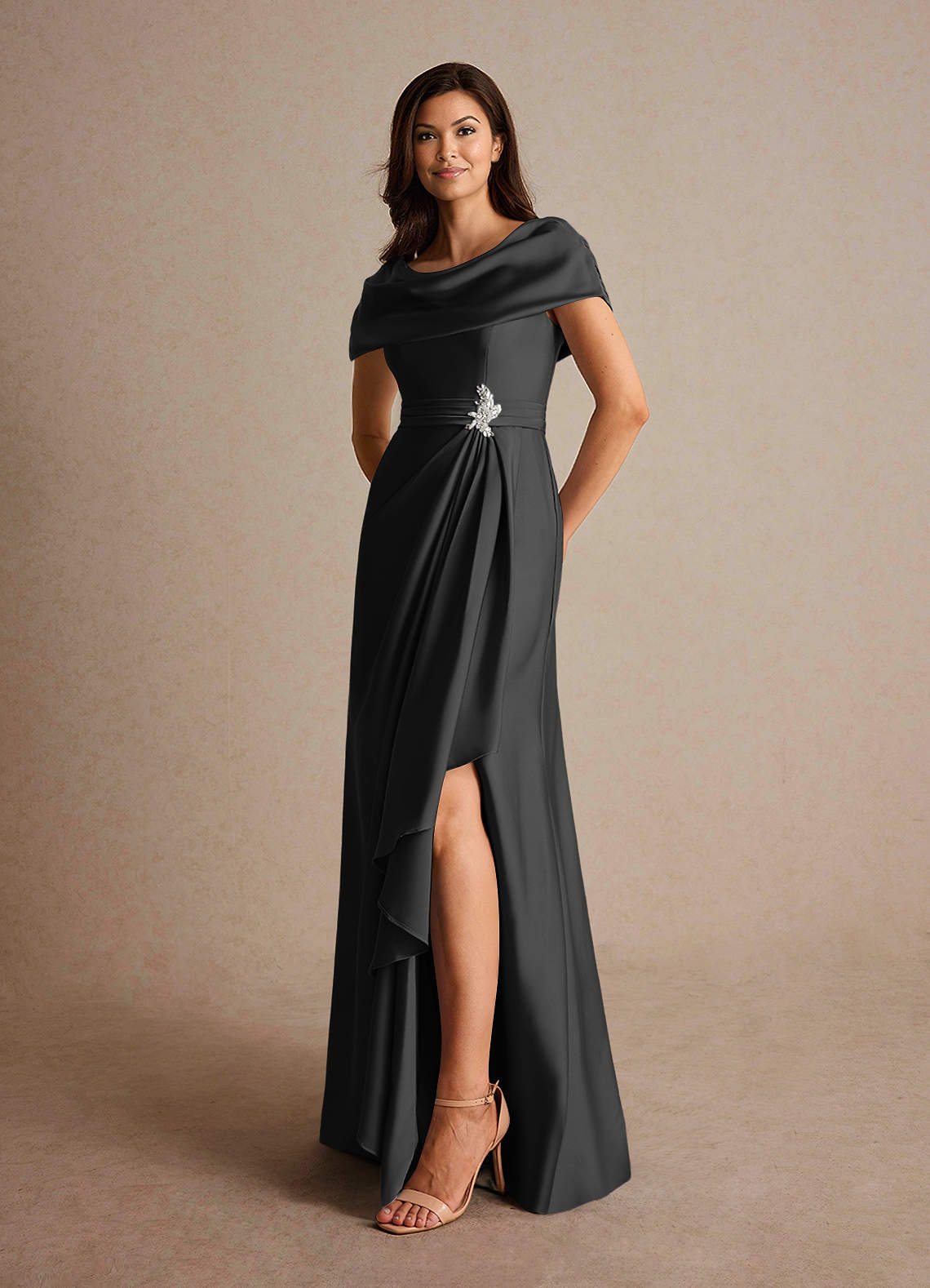 Azazie Branford Black A-Line Pleated Stretch Satin Dress | Azazie