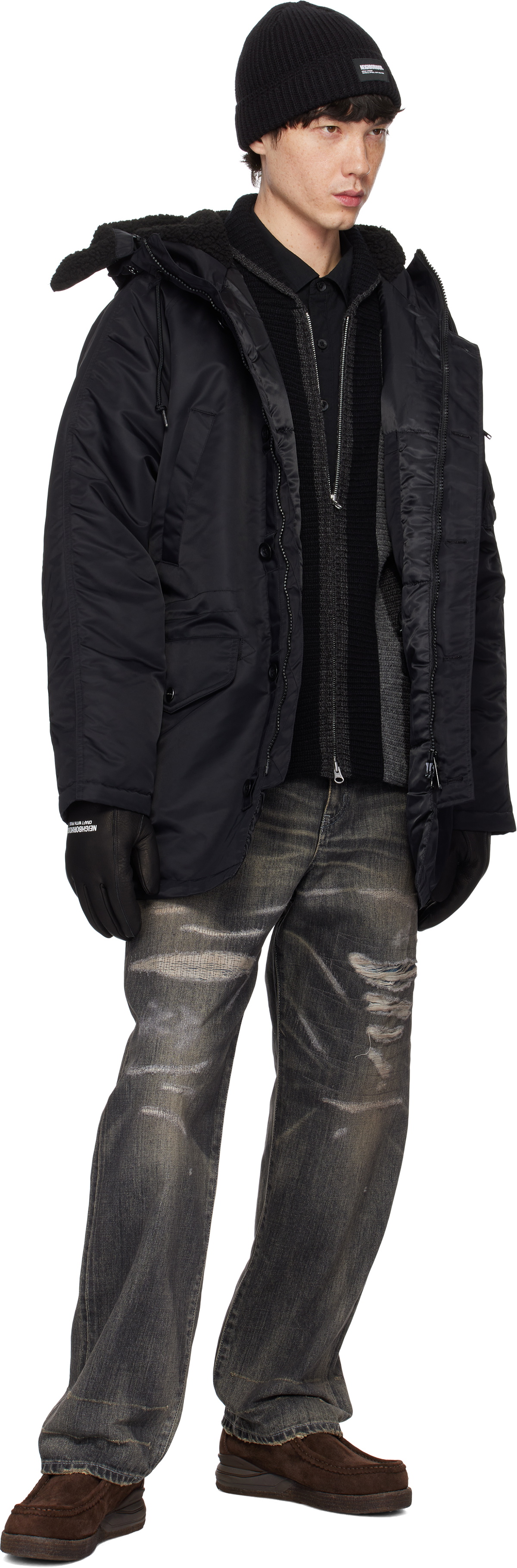 Neighborhood Black Leather Boa Gloves Neighborhood