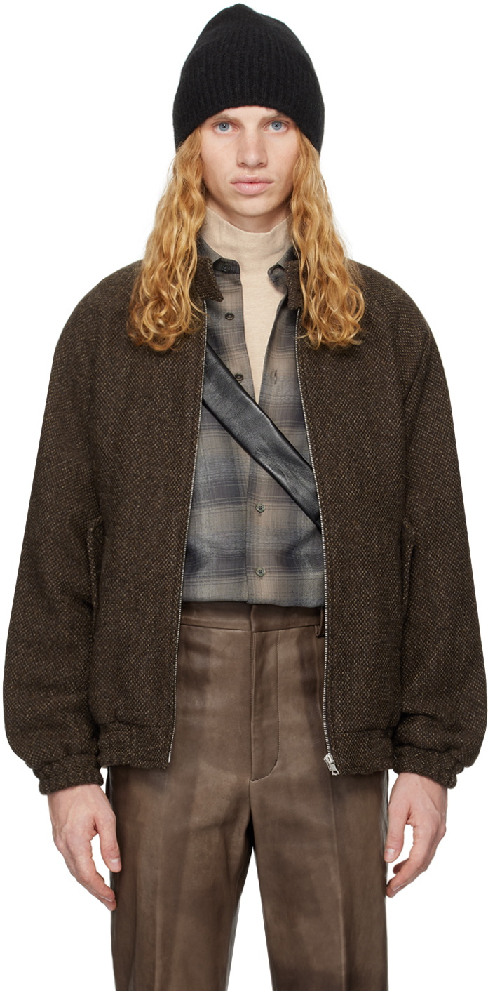 AURALEE Brown Lama Shetland Wool Tweed Zip Jacket Auralee
