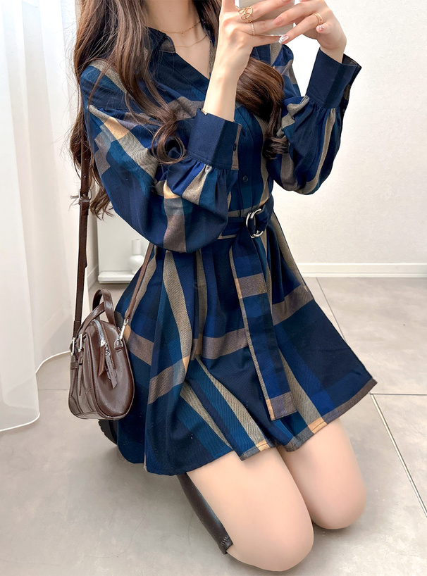 ベルト付きチェック柄シャツミニワンピース[cc47] | レディース