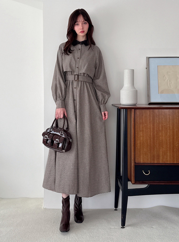 ベルト付きレザー襟チェック柄ワンピース[cc116] | レディース