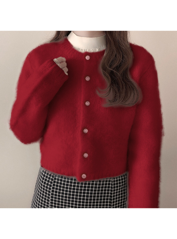 ウール混モヘヤタッチショート丈ニットカーディガン[an1232