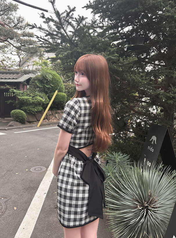 チェック柄バックオープンリボンミニワンピース[ask130] | レディース