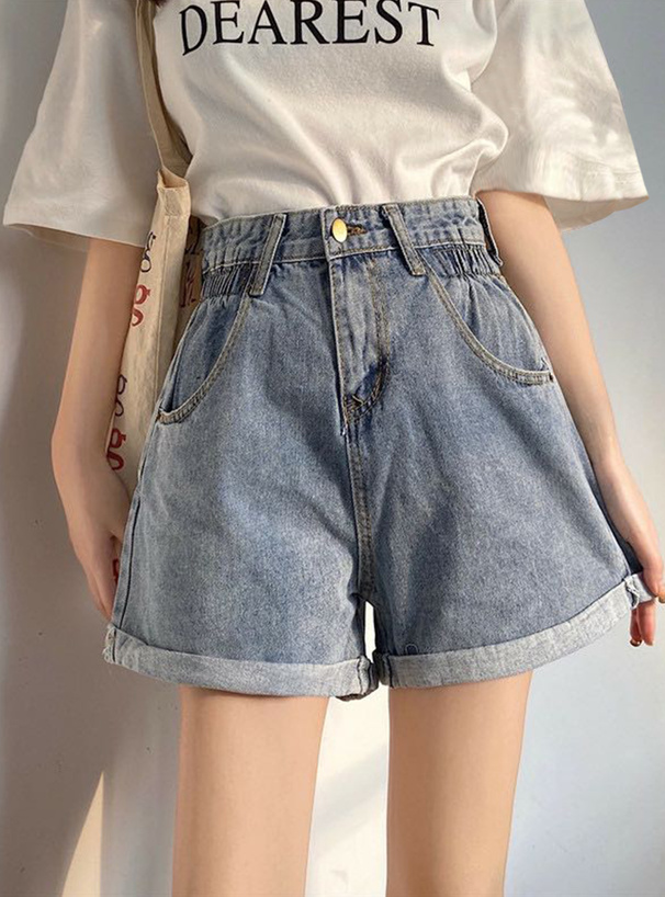 ロールアップハイウエストデニムショートパンツ[at2079] | レディース