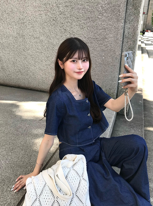 スクエアネックトップス×ワイドパンツデニムセットアップ[gm758