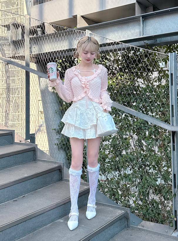 透かし編みリボンフリルカーディガン[gn314] | レディースファッション