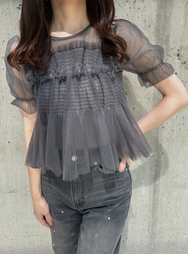 チュールシャーリングブラウス[dk1165] | レディースファッション通販