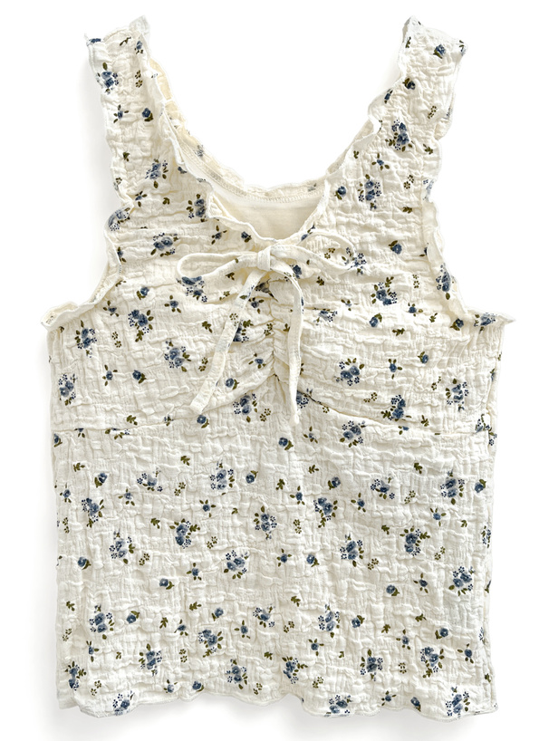 カップ付き小花柄シワ加工リボンタンクトップ[dk1244] | レディース