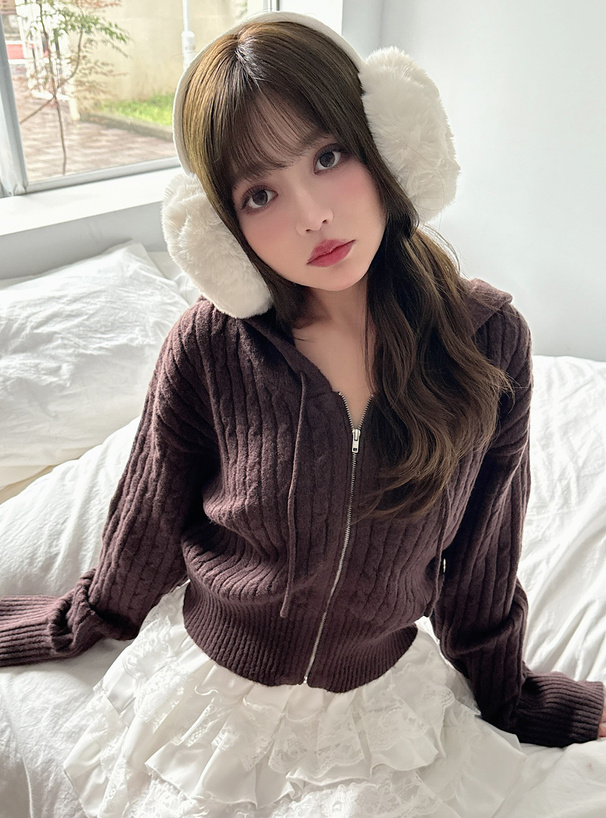 フード付きケーブル編みニットパーカー[dr824] | レディース